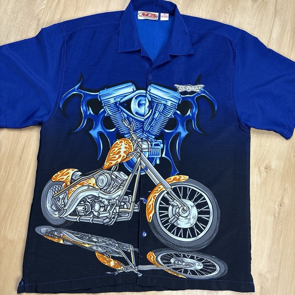 Malibu Dreams Mens Blue Button Front Shirt Med Motorcycle Polyester Front Back